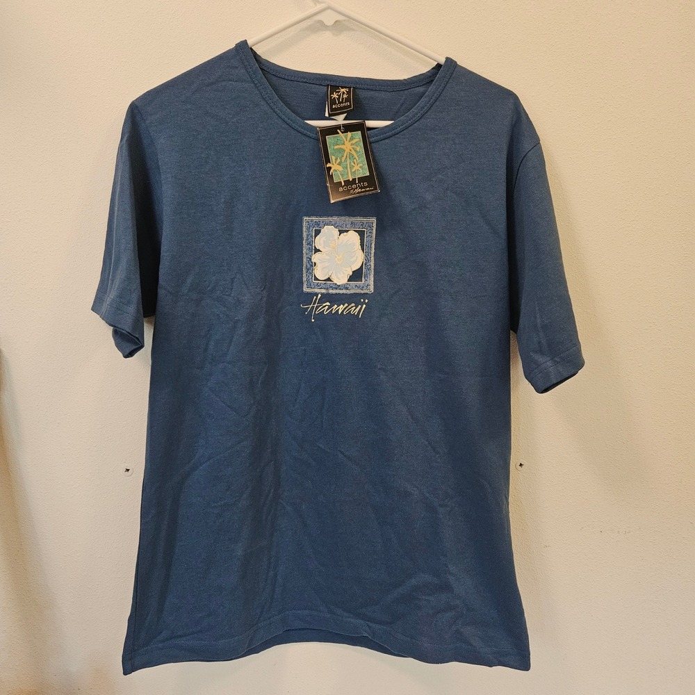 Vtg Accents of Hawaii Blue Cotton Hibiscus Graphic T-Shirt Gold Foil Large NWT